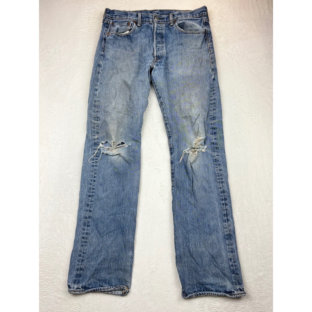 Levis 501‎ Mens 34x34 BlueLight Wash Distressed / Grunge Vintage  Inspired Jeans